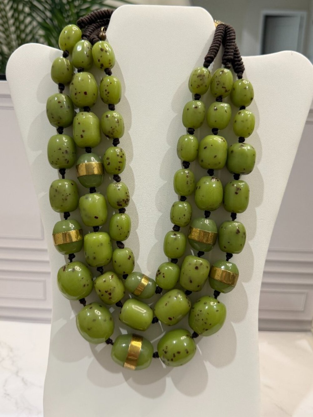 EUC Chicos Olive Green Speckled Gold Accent Chunky 3 Strand Beaded Necklace
